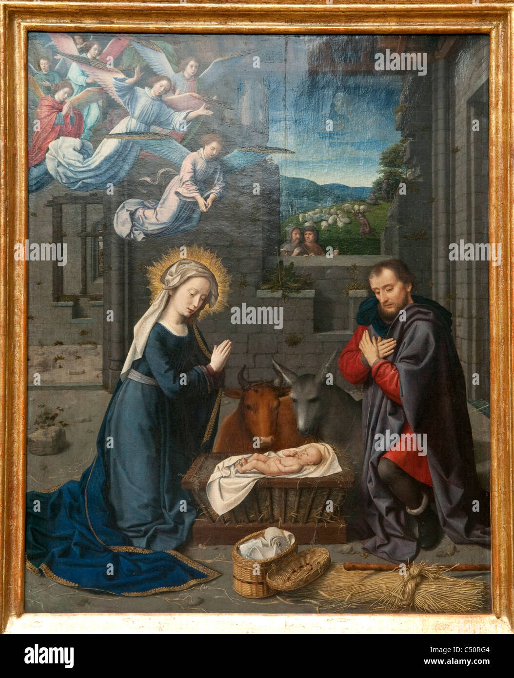 Detail: The Nativity with Donors and Saints Jerome and Leonard, ca. 1510–15, by Gerard David Stock Photo