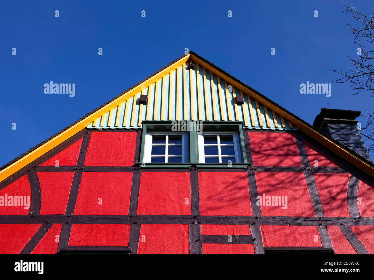 Red half-timbered house, North Rhine-Westphalia, Germany, Europe Stock Photo