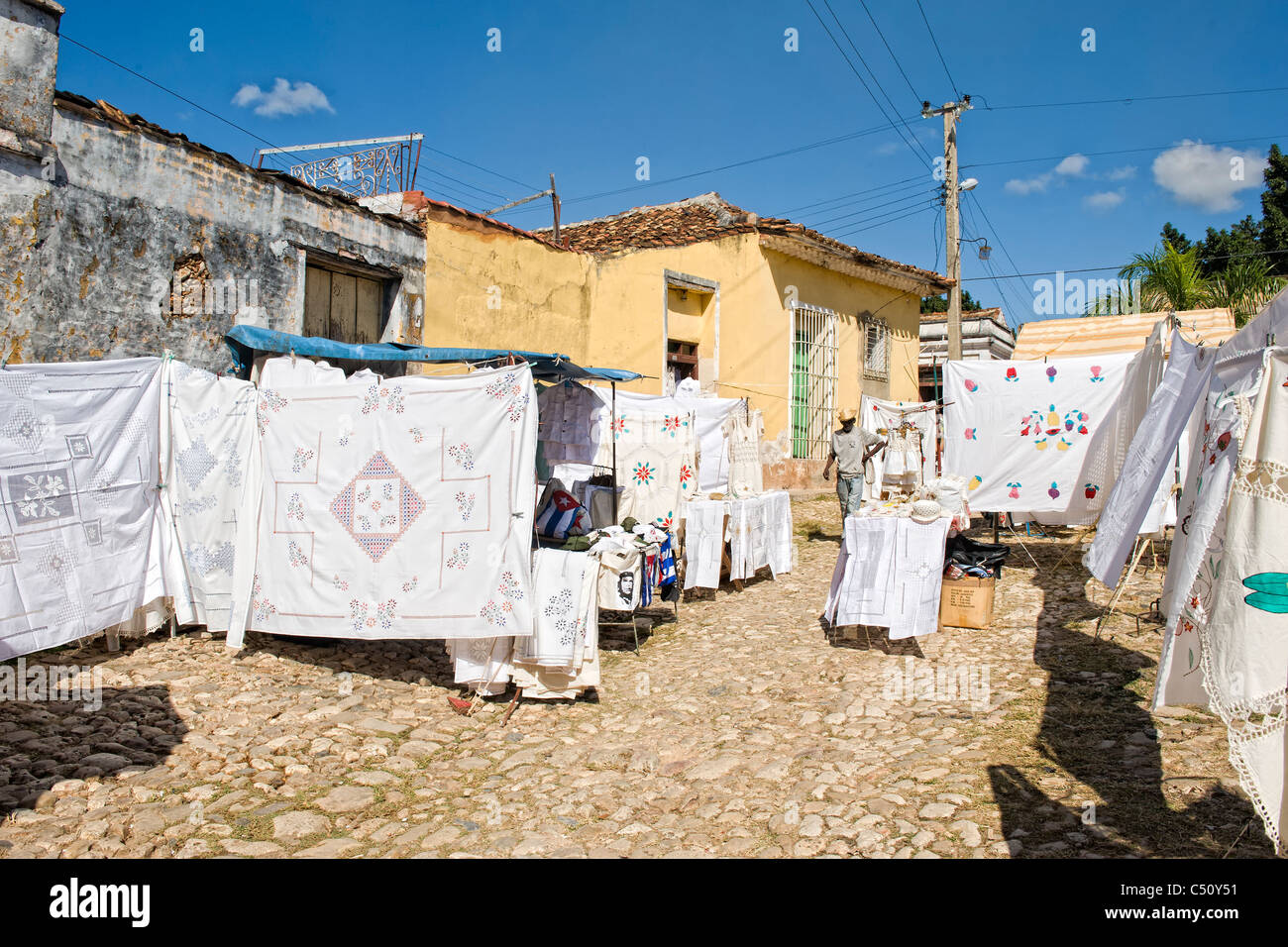 Embroidered linens market for tourists, Trinidad, Sancti Spiritus Province, Cuba Stock Photo