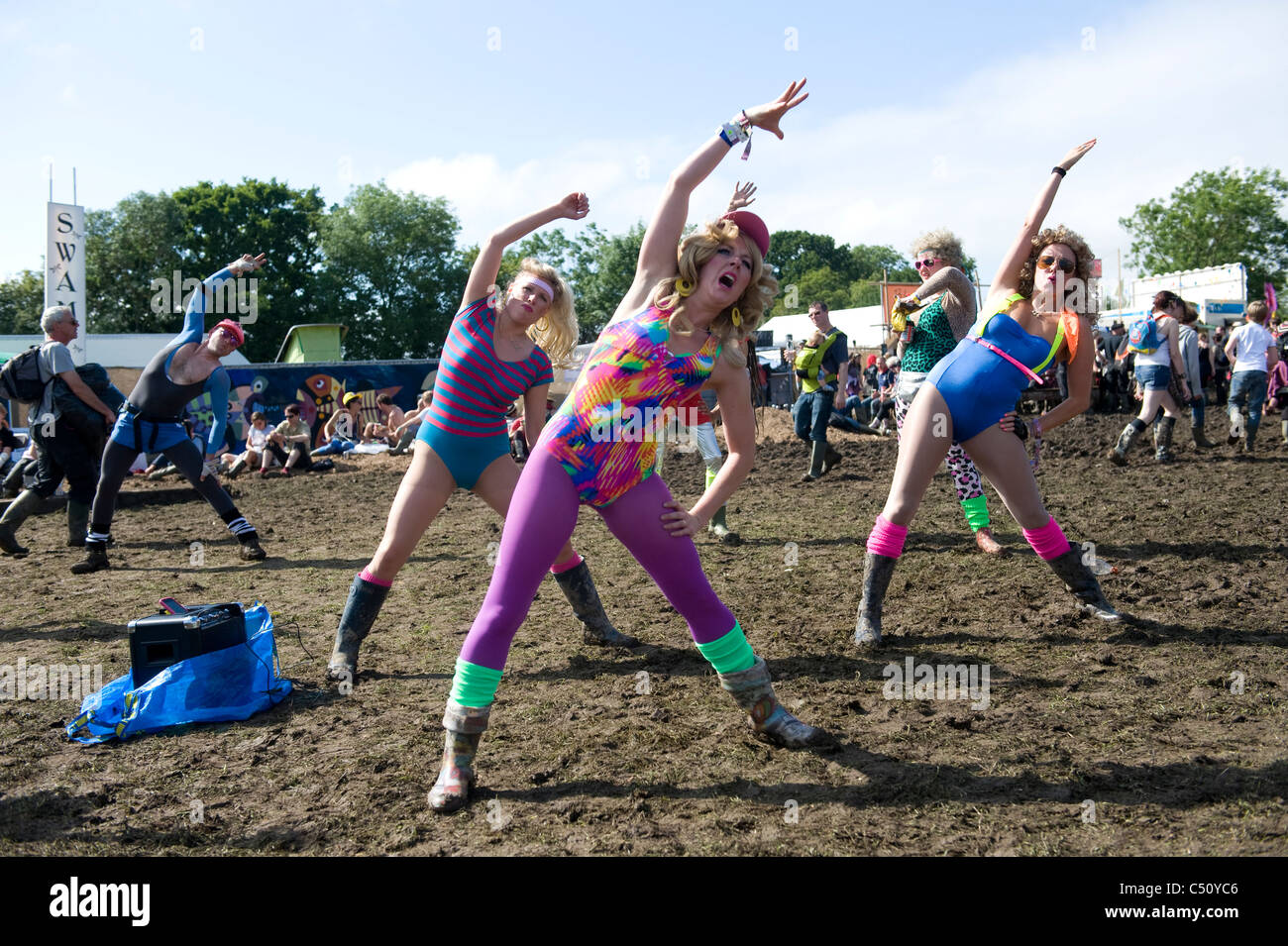 Entertainers and performers doing a spoof aerobics class at Glastonbury
