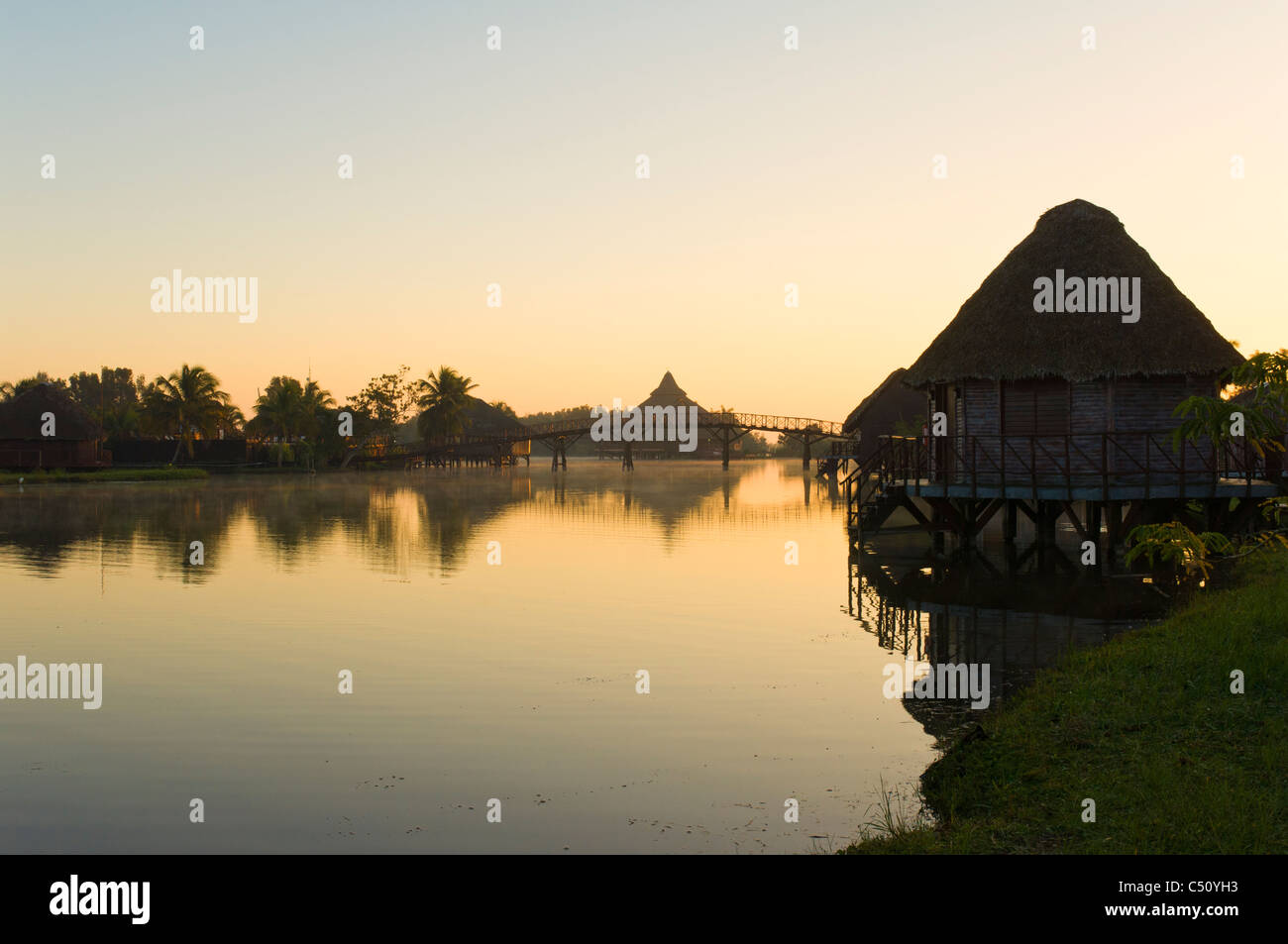 Laguna del Tesoro, Treasure Lagoon at sunrise, Palm trees and wooden cabins, Zapata Peninsula, Cuba Stock Photo
