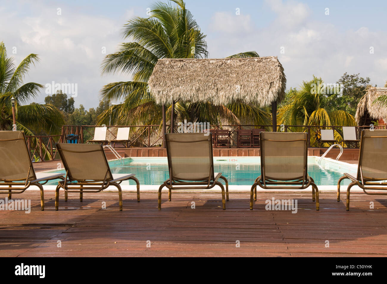 Laguna del Tesoro, Treasure Lagoon, Deck chairs and pool, Zapata Peninsula, Cuba Stock Photo