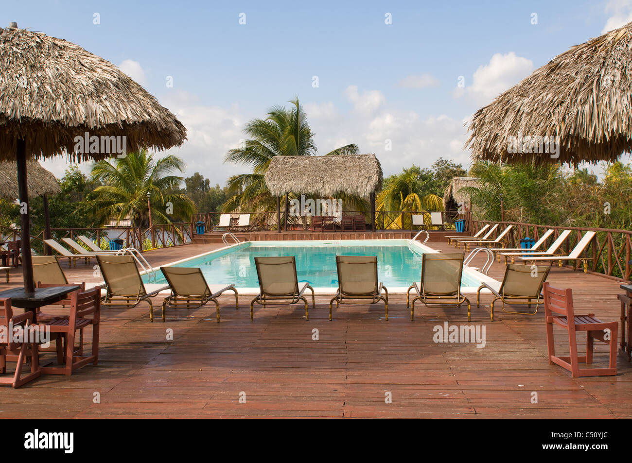 Laguna del Tesoro, Treasure Lagoon, Deck chairs and pool, Zapata Peninsula, Cuba Stock Photo