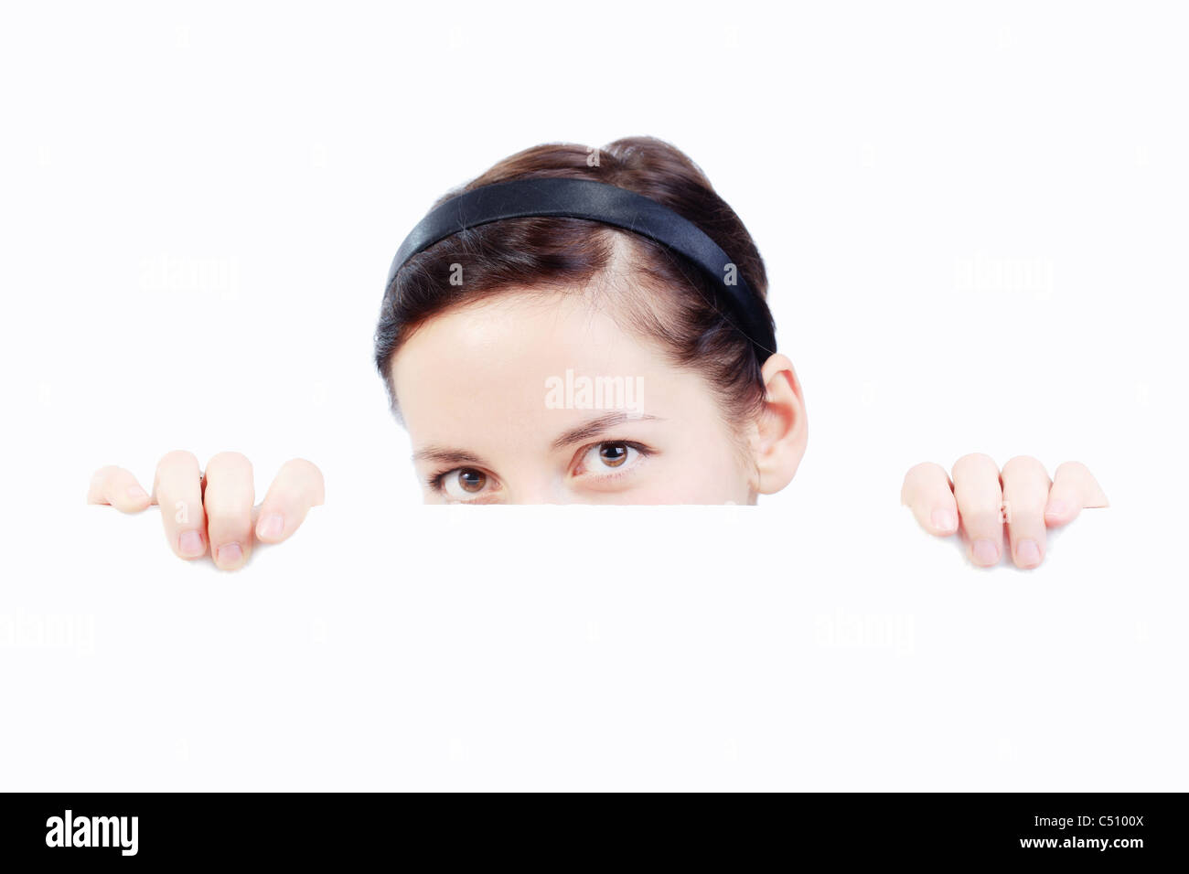 happy girl holding white styrofoam, against white Stock Photo - Alamy