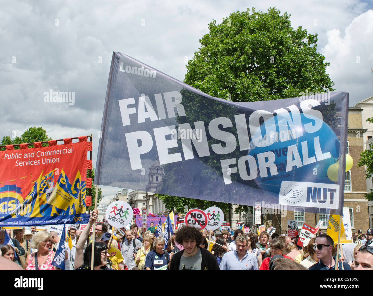 'Fair Pensions for all' NUT banner Teachers  public sector workers Strike  march against cuts and pension changes 30th June 2011 Stock Photo