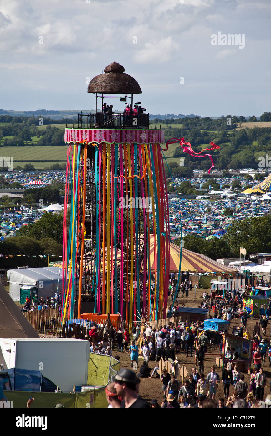Park stage viewing tower at the Glastonbury Festival 2011, Somerset, England, United Kingdom. Stock Photo