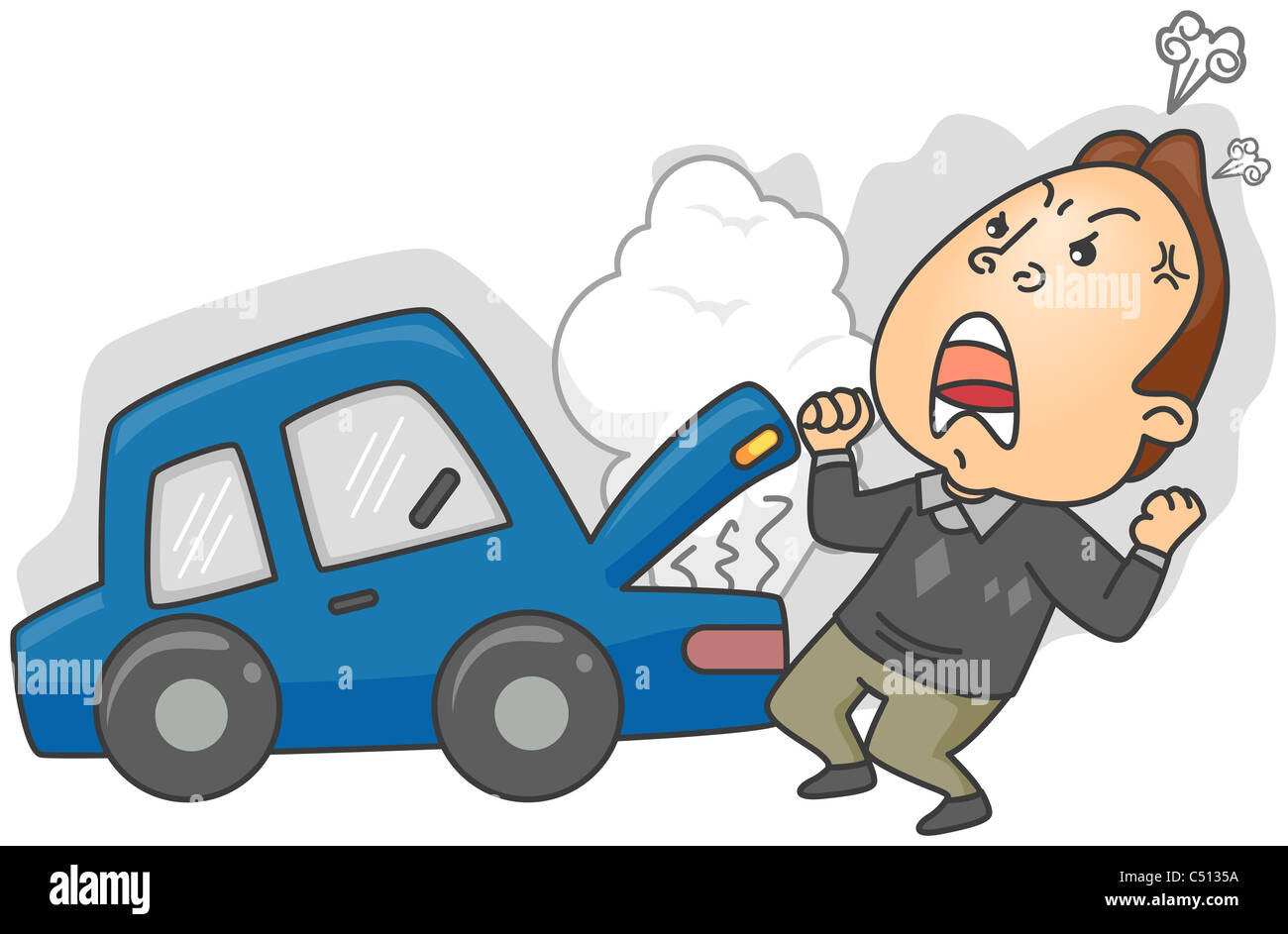 Angry Man having Car Trouble with clipping path Stock Photo