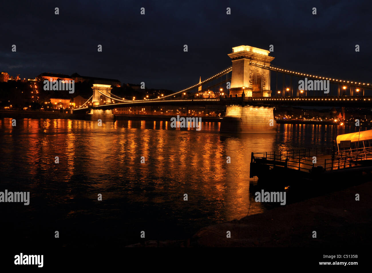 Chain bridge at night Budapest Stock Photo