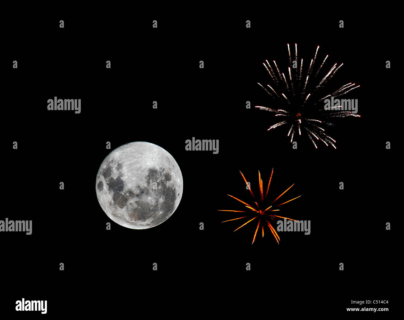 A composite image with fireworks and the new Moon from December 2009 in Buenos Aires, Argentina. Stock Photo