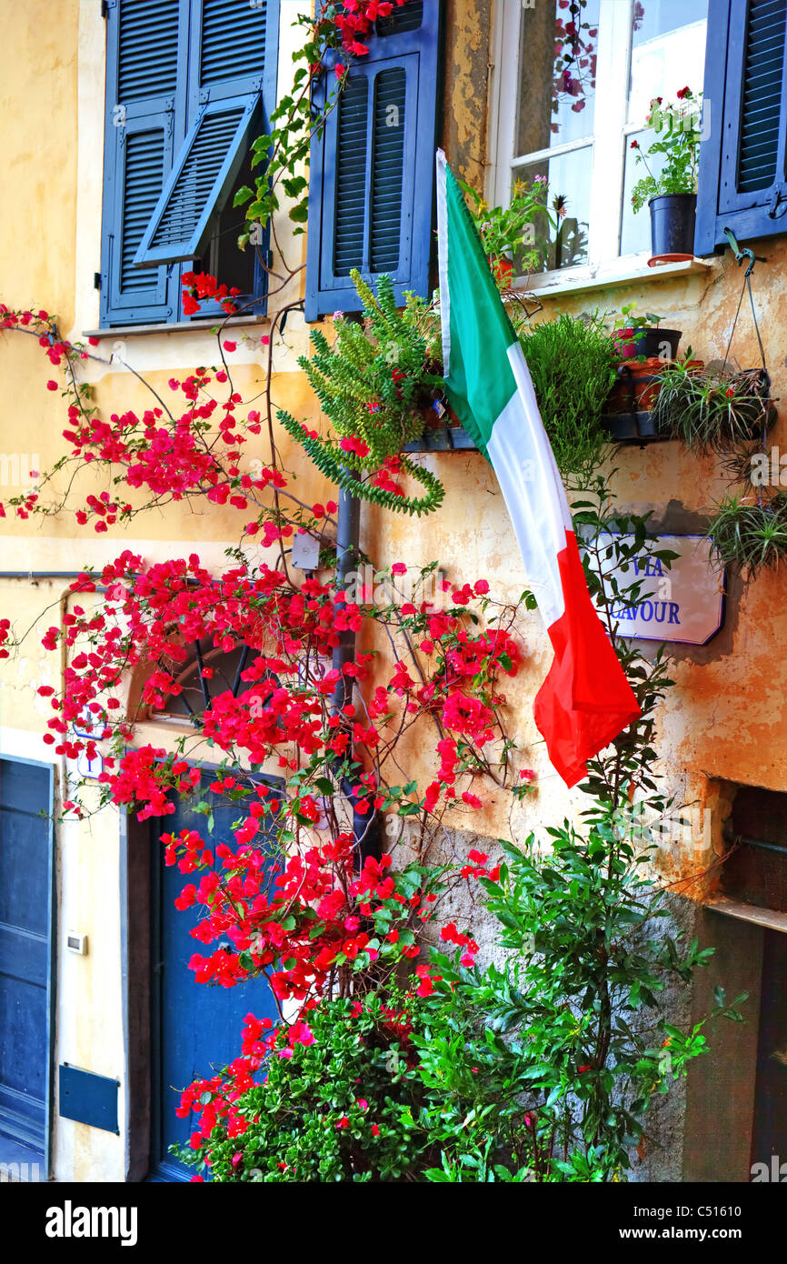 Building with the Italian flag in Cervo in Liguria Stock Photo