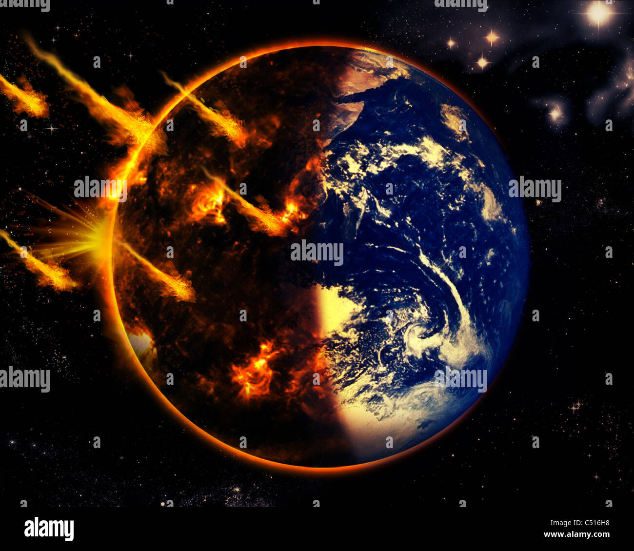 A swarm of deadly meteorites impact Earth on Armageddon day Stock Photo