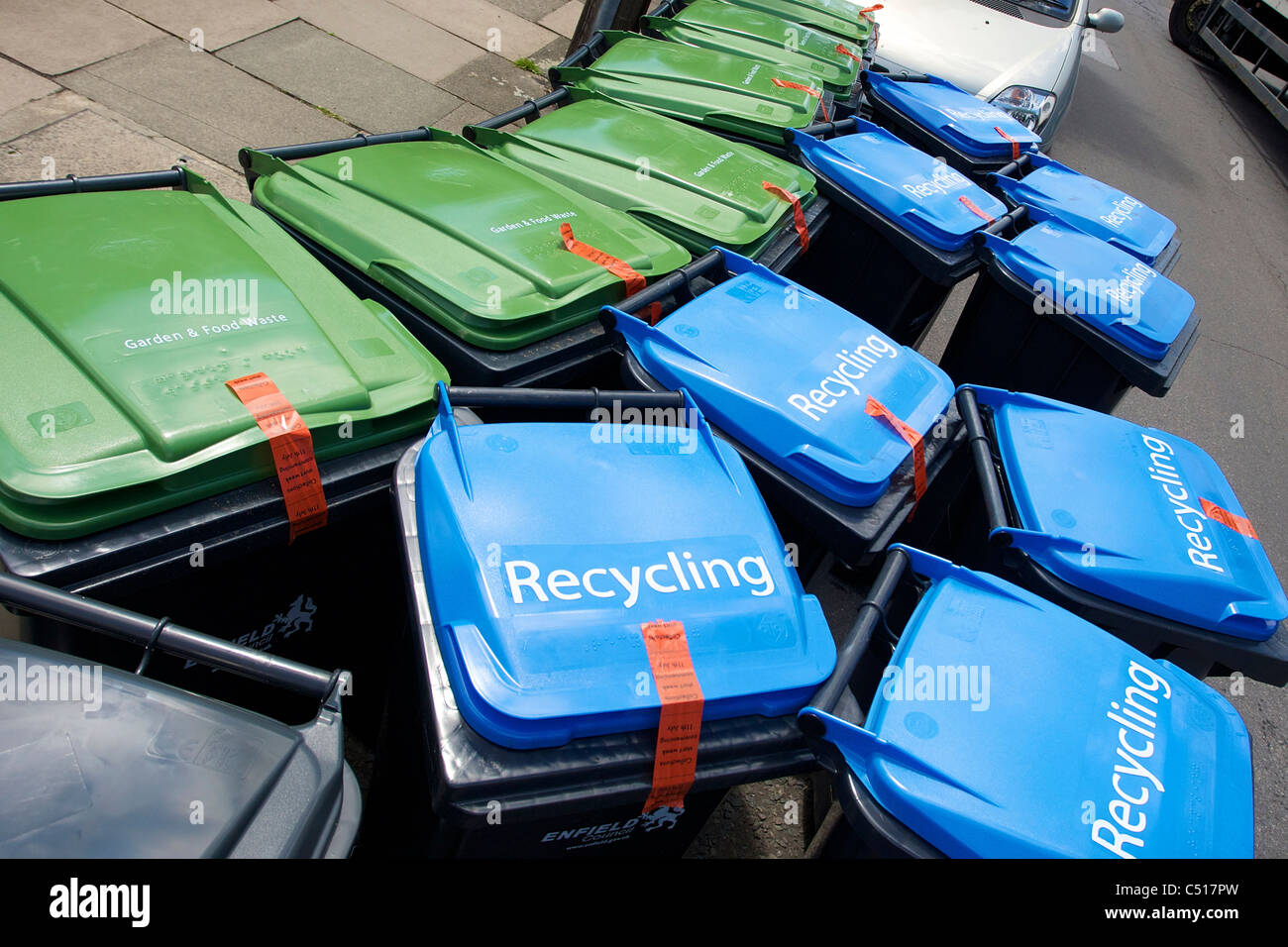 Wheeled bins being made ready for delivery to residents in the Enfield