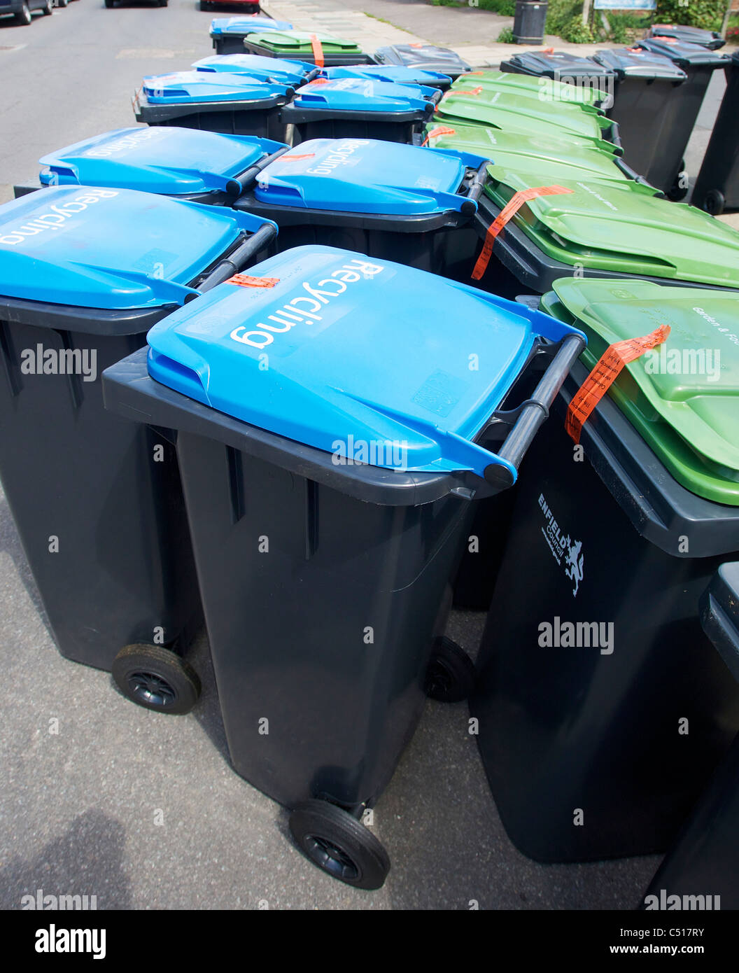Wheeled bins being made ready for delivery to residents in the Enfield Borough 01 July 2011