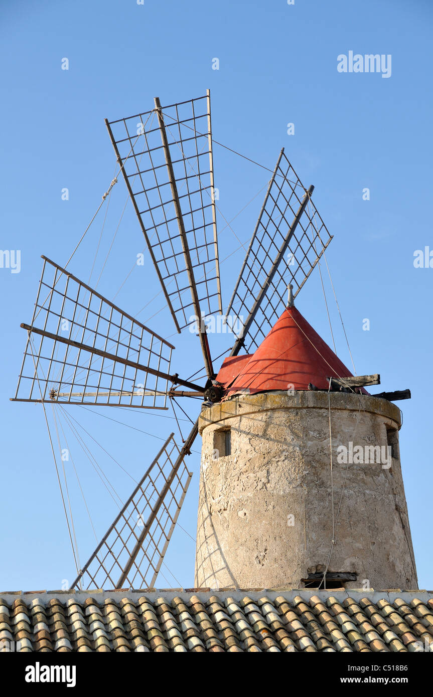 Windmill, Saline of Trapani, Sicily, Italy Stock Photo
