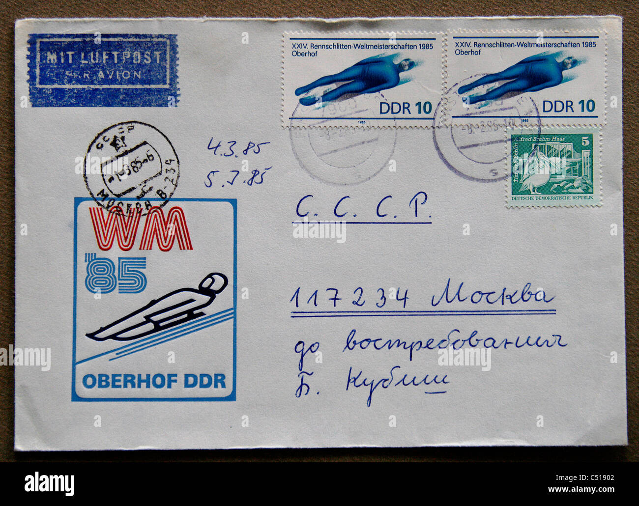Letter of the former GDR with an illustration of the world cup 1985 in Oberhof and stamps showing a luger. Stock Photo
