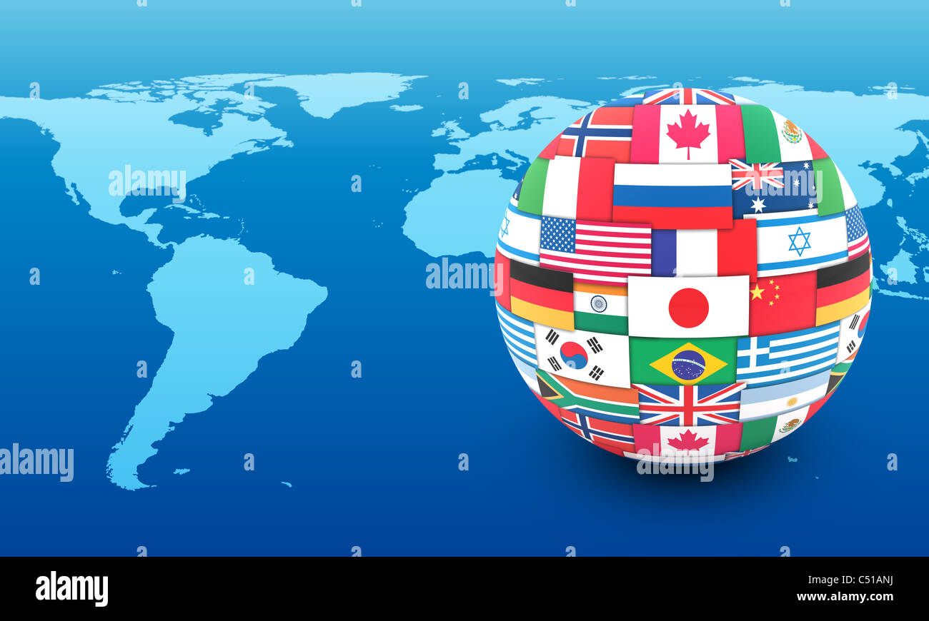 World Connection With Flags International communication concept. World flags on globe Stock Photo ...