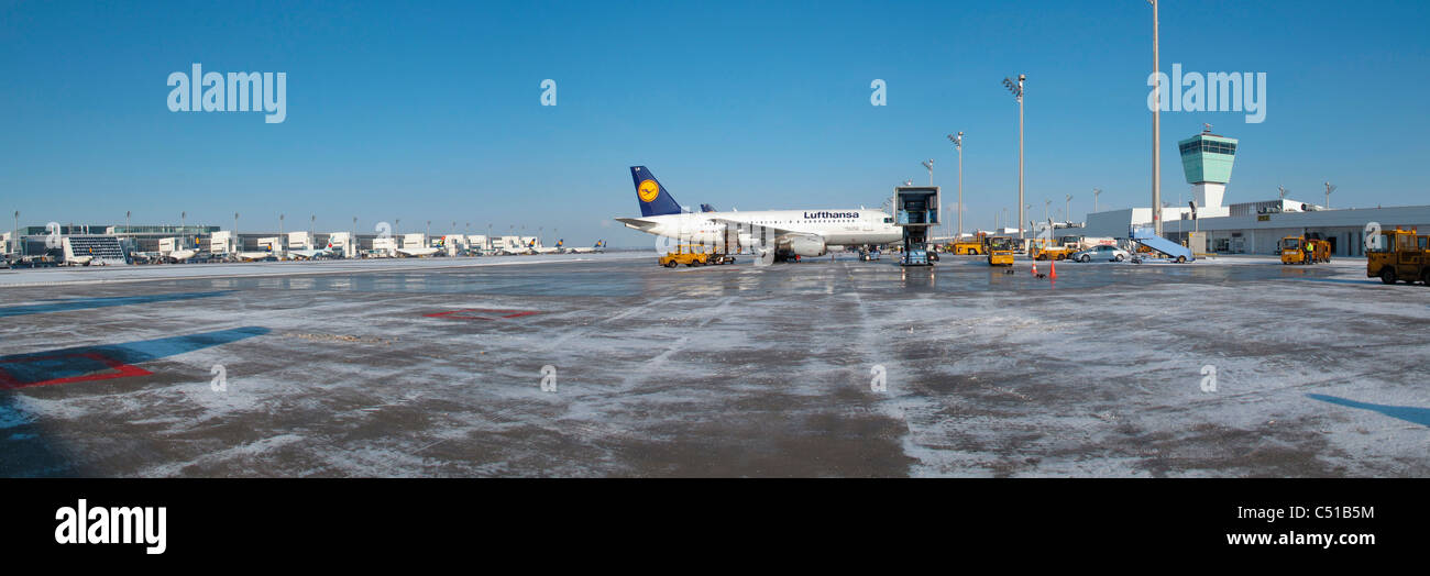 Panorama Winter snow Chaos in runway Munich, Germany Stock Photo