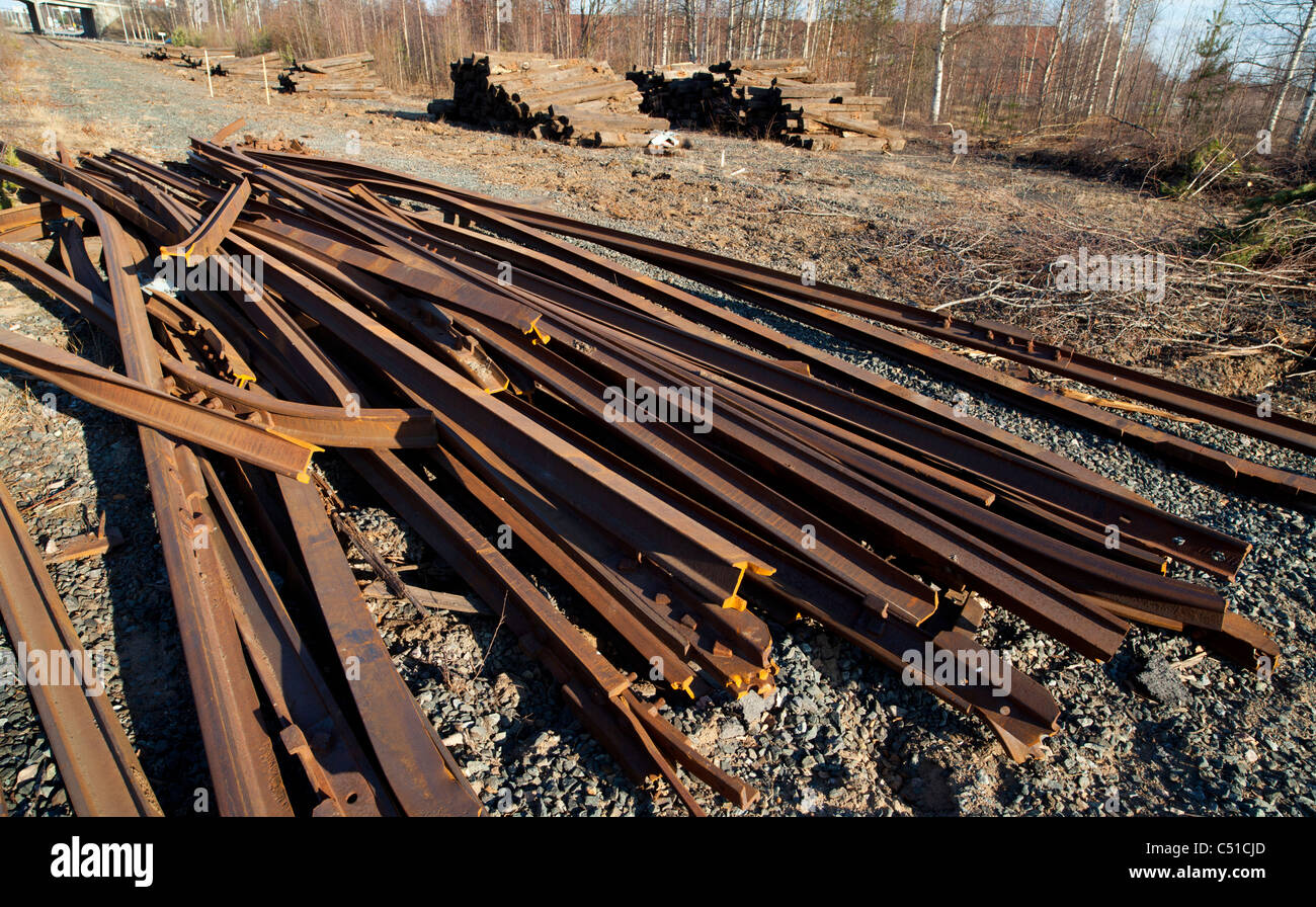 Railroad tracks were removed and old tracks will be recycled as scrap metal , Finland Stock Photo