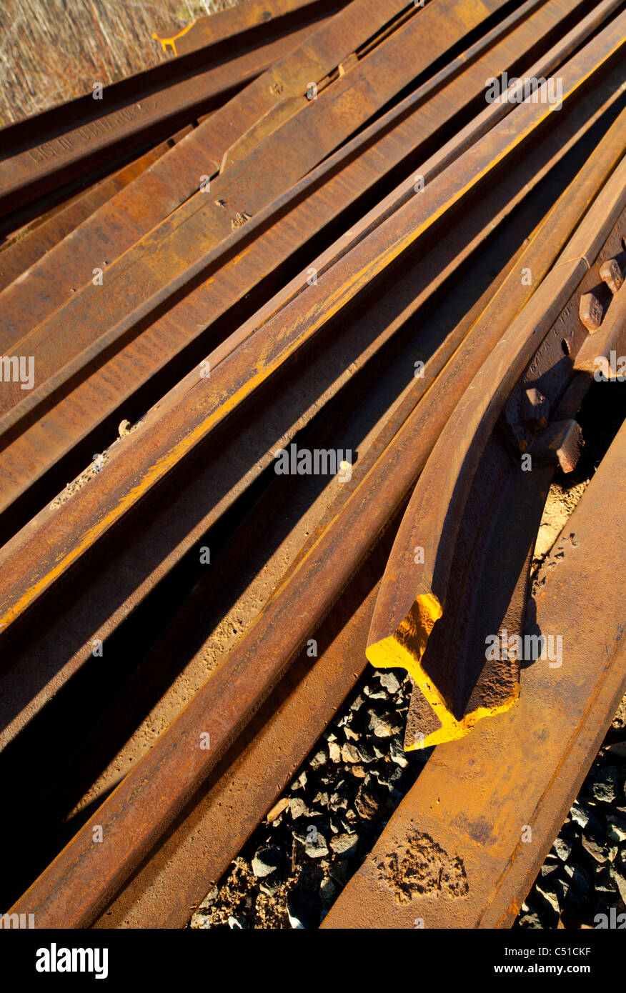 old railroad tracks recycled as scrap metal Stock Photo Alamy