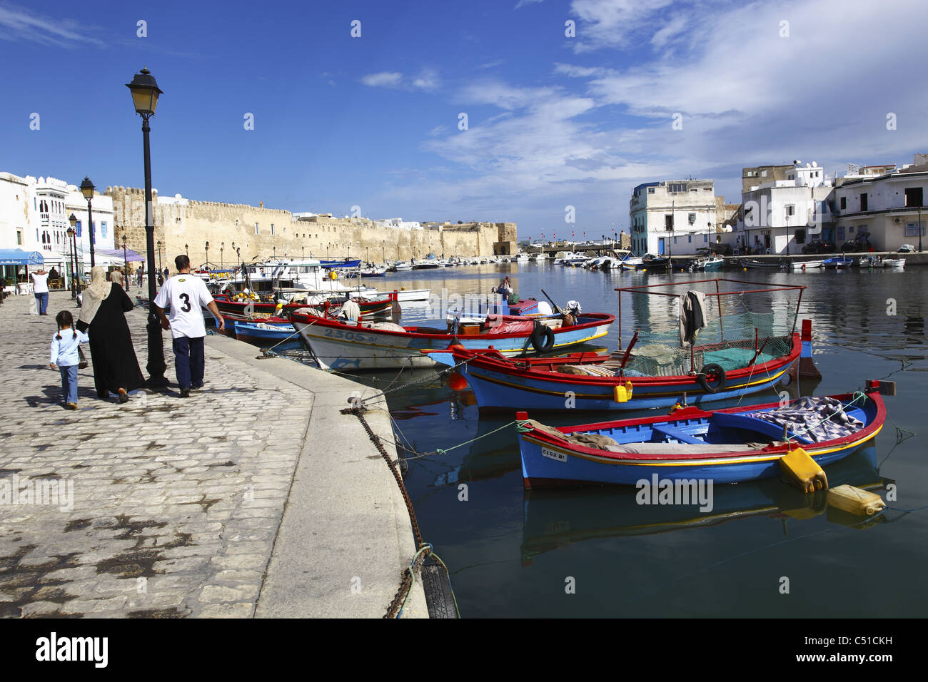 Africa, Tunisia, Bizerte, Old Port Canal, Fishing Boats in the Harbor, Kasbah Wall Stock Photo