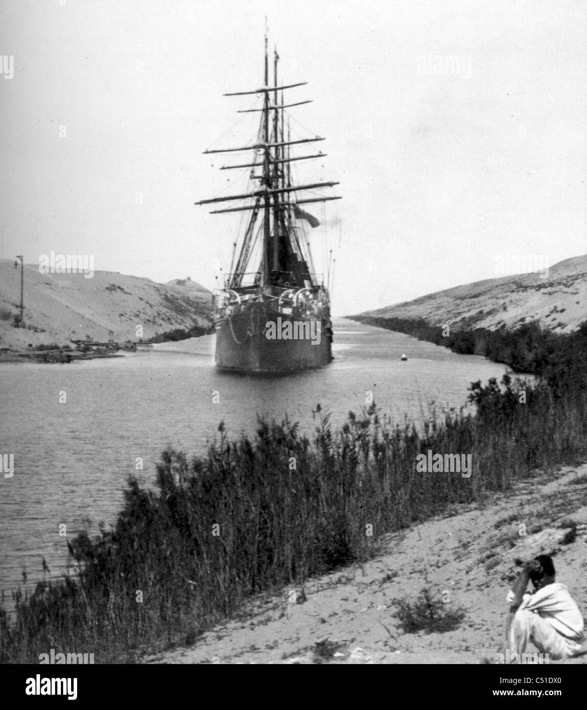 SUEZ CANAL  A French warship passing through the canal in 1868 Stock Photo