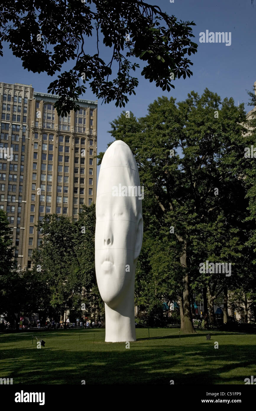 'Echo' is a debut sculpture in the USA on display in Madison Square Park by Spanish Sculptor Jaume Plensa in New York City. Stock Photo
