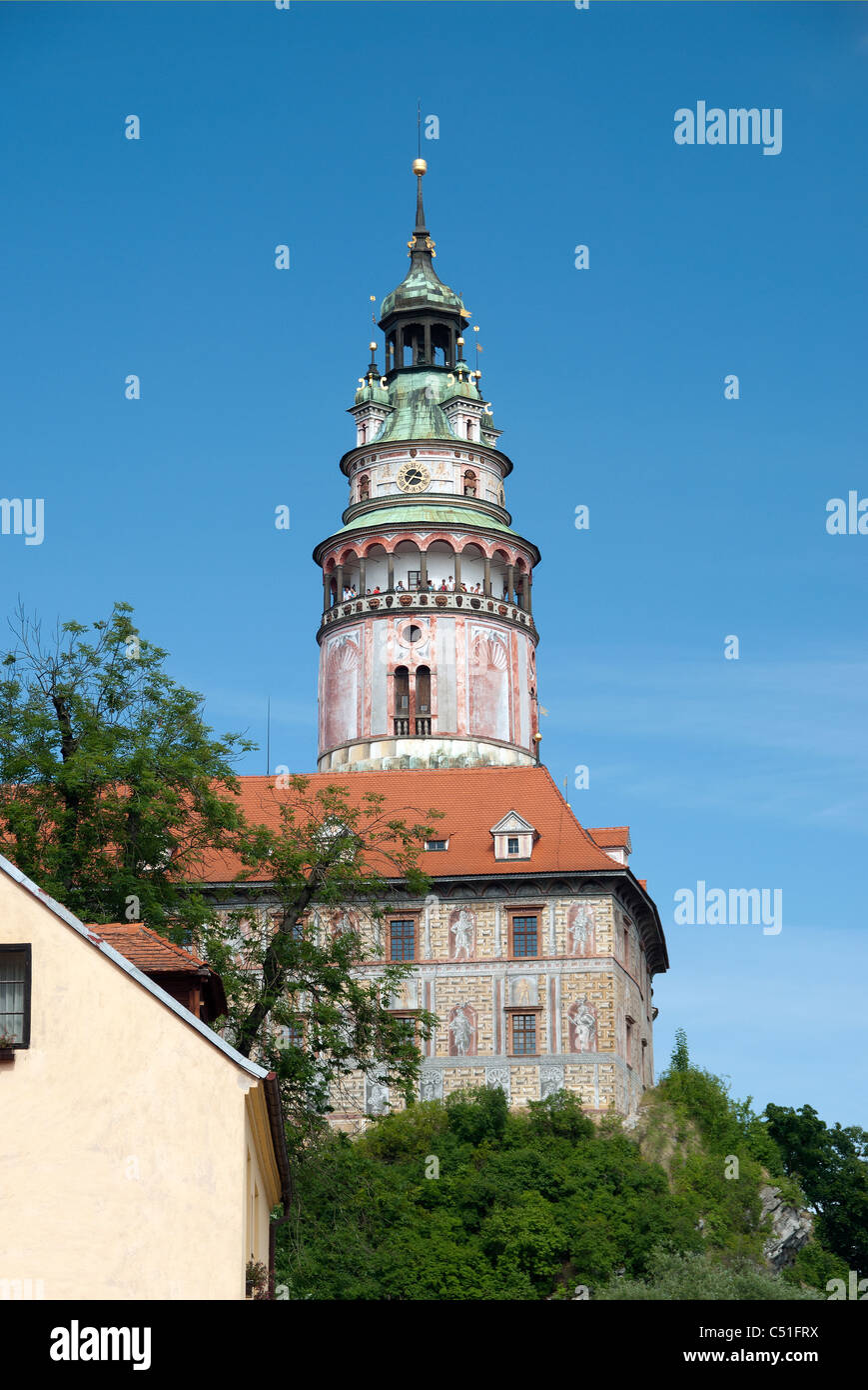 Historic town of Cesky Krumlov and castle tower Stock Photo