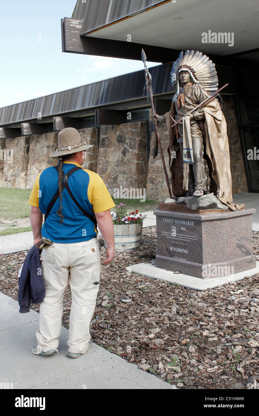 Sculpture of historic Shoshone Indian chief Washakie in front of the tribal offices in Fort Washakie, Wyoming. Stock Photo