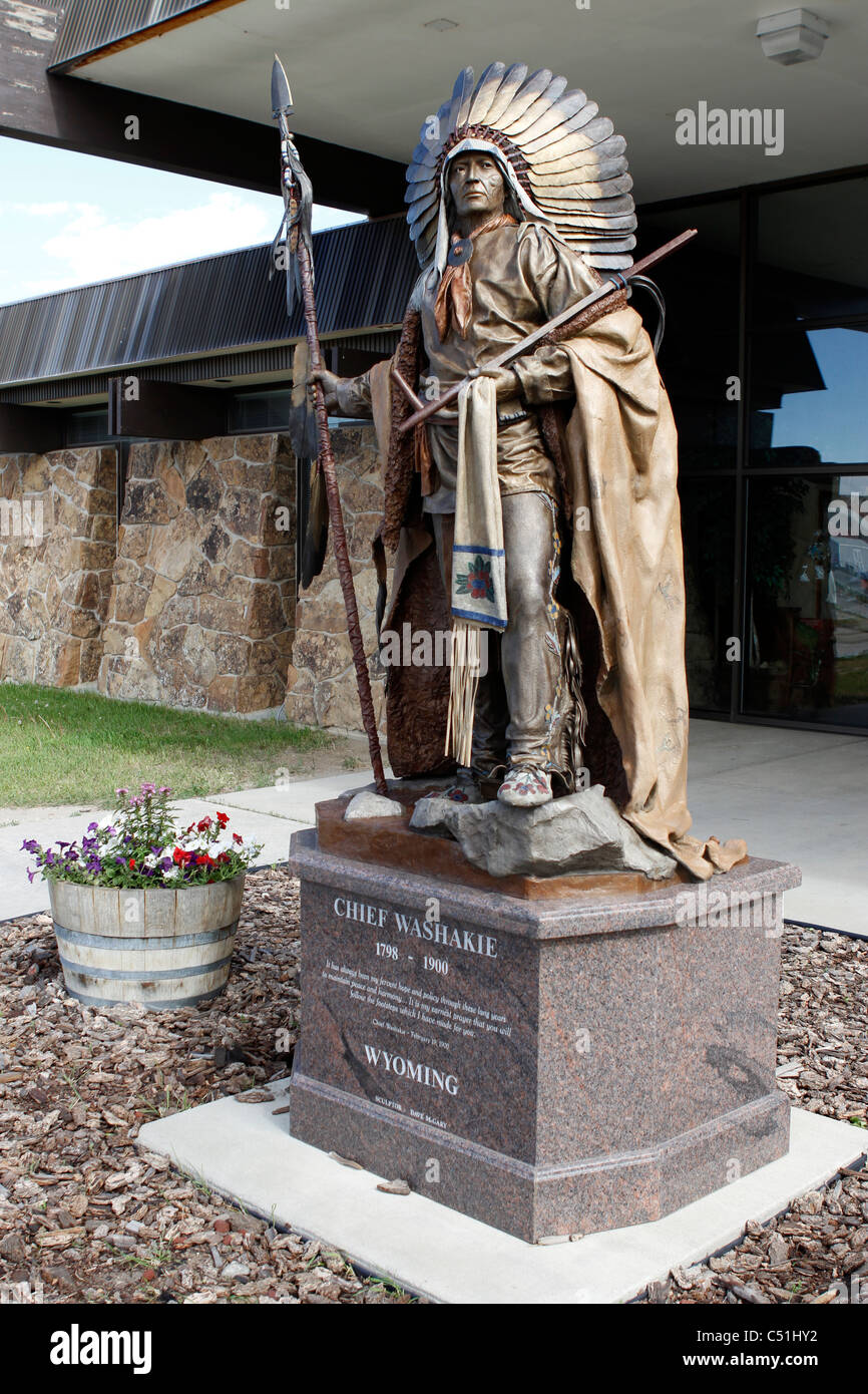 Sculpture of historic Shoshone Indian chief Washakie in front of the