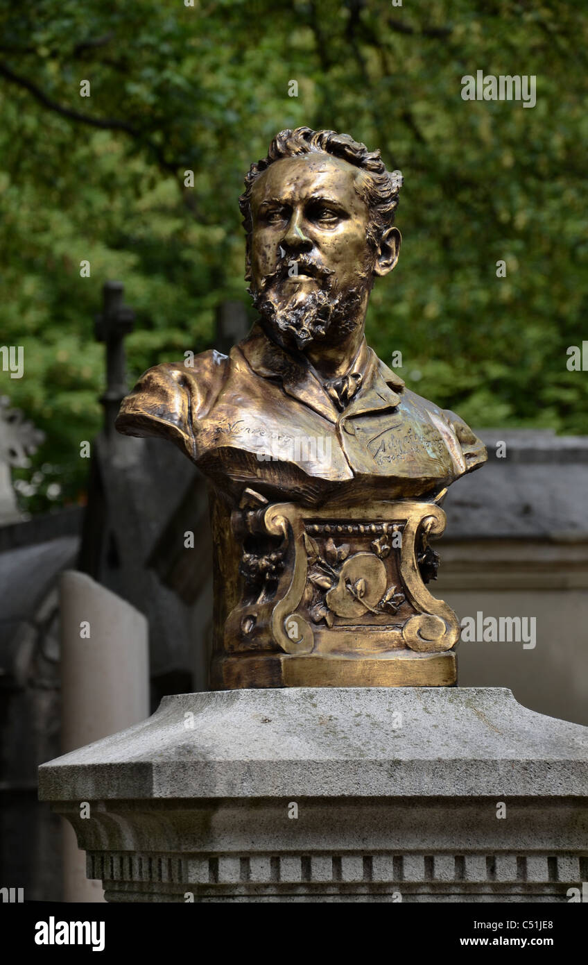 The gold bust of  the Czech artist Vacslav de Brozik (1851-1901) on his grave in Montmartre Cemetery in Paris, France. Stock Photo