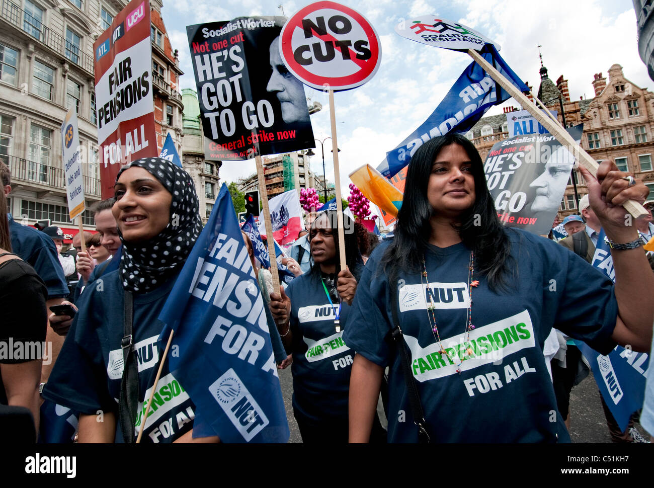 Teachers & Public sector workers march in London in support of widespread strikes against cuts and proposed changes to pensions Stock Photo