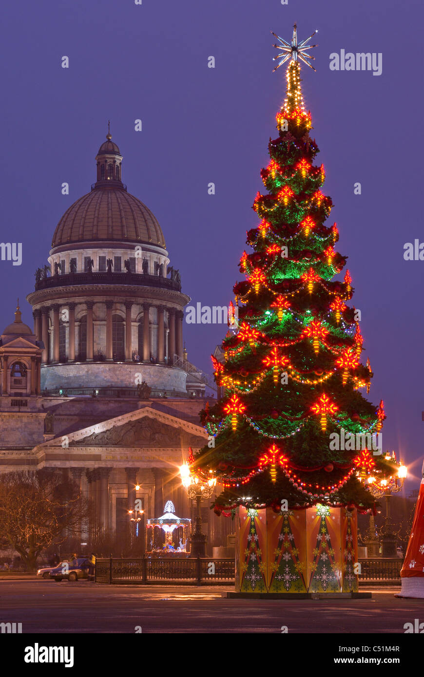 Russia. St. Petersburg. Christmas tree. St. Isaac's Cathedral. Evening