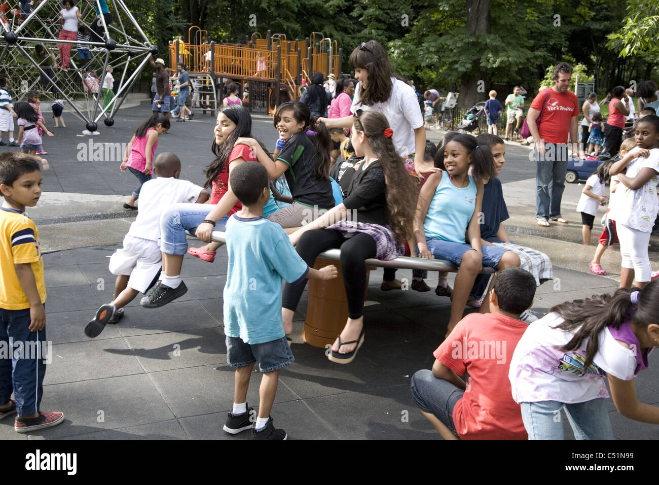 Children play at the Vanderbilt playground at Prospect Park, Brooklyn, New York. Stock Photo