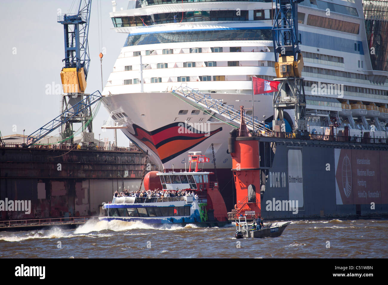 cruise ship Aida at a Harbour dock of the free and Hanseatic City of Hamburg, Germany Stock Photo