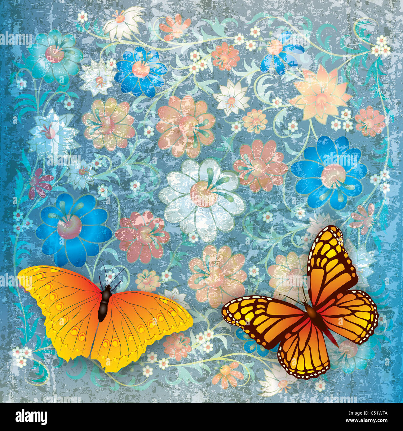 abstract grunge blue background with butterflies and flowers Stock ...