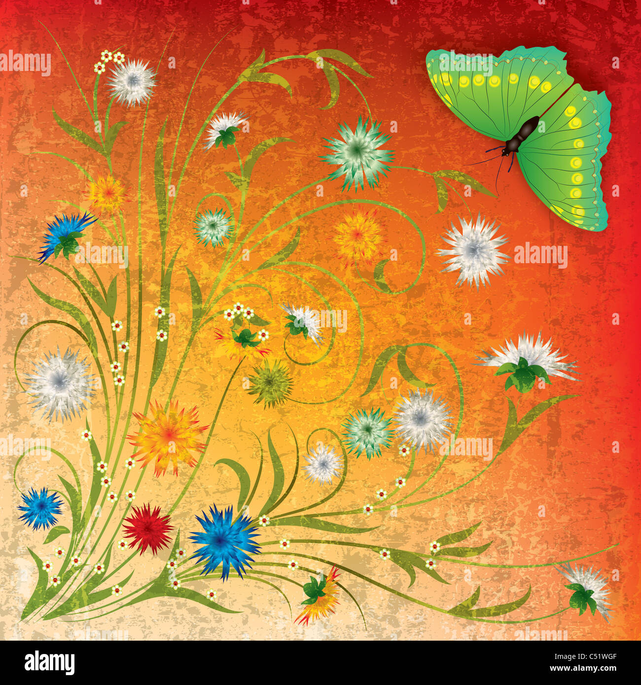 abstract grunge orange background with butterfly and flowers Stock