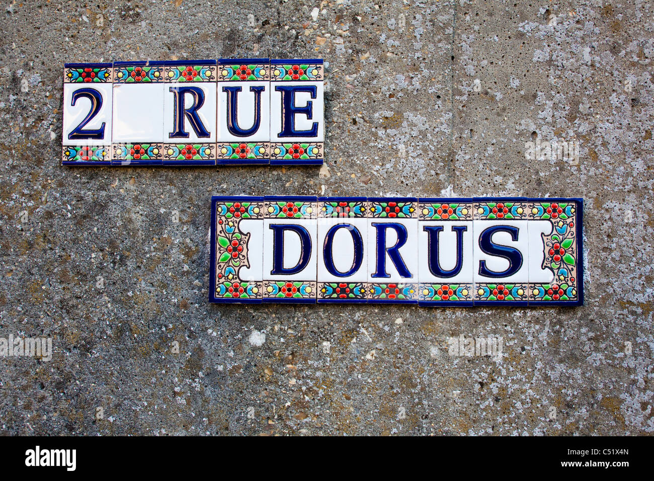French house number in ceramic tiles, 2 Rue Dorus. Stock Photo