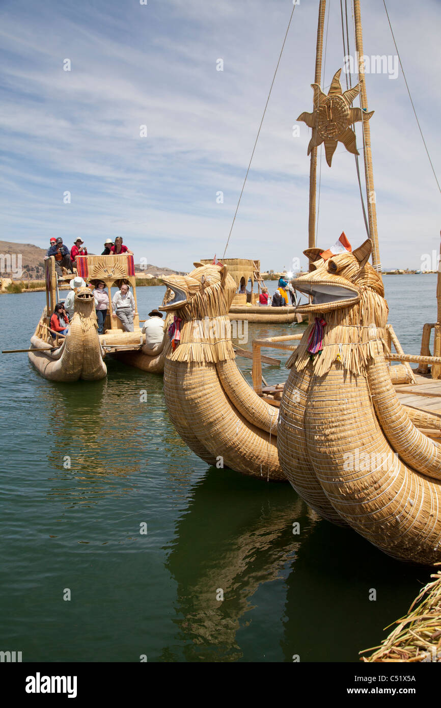 Boats made of reeds at the Uros Islands, Lake Titicaca, Peru Stock