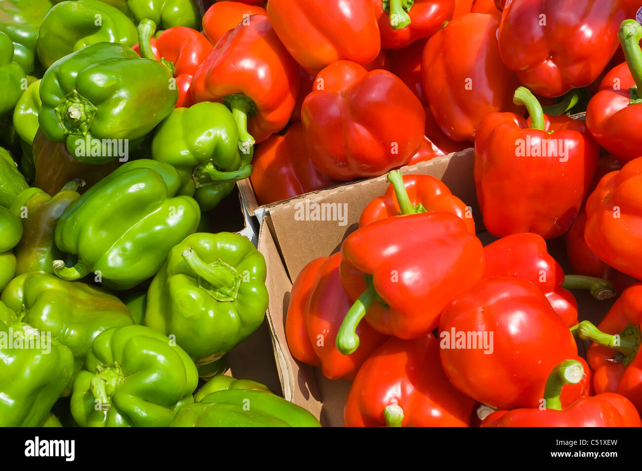 Fresh red and green Bell Peppers at Public Market in Rochester New York ...