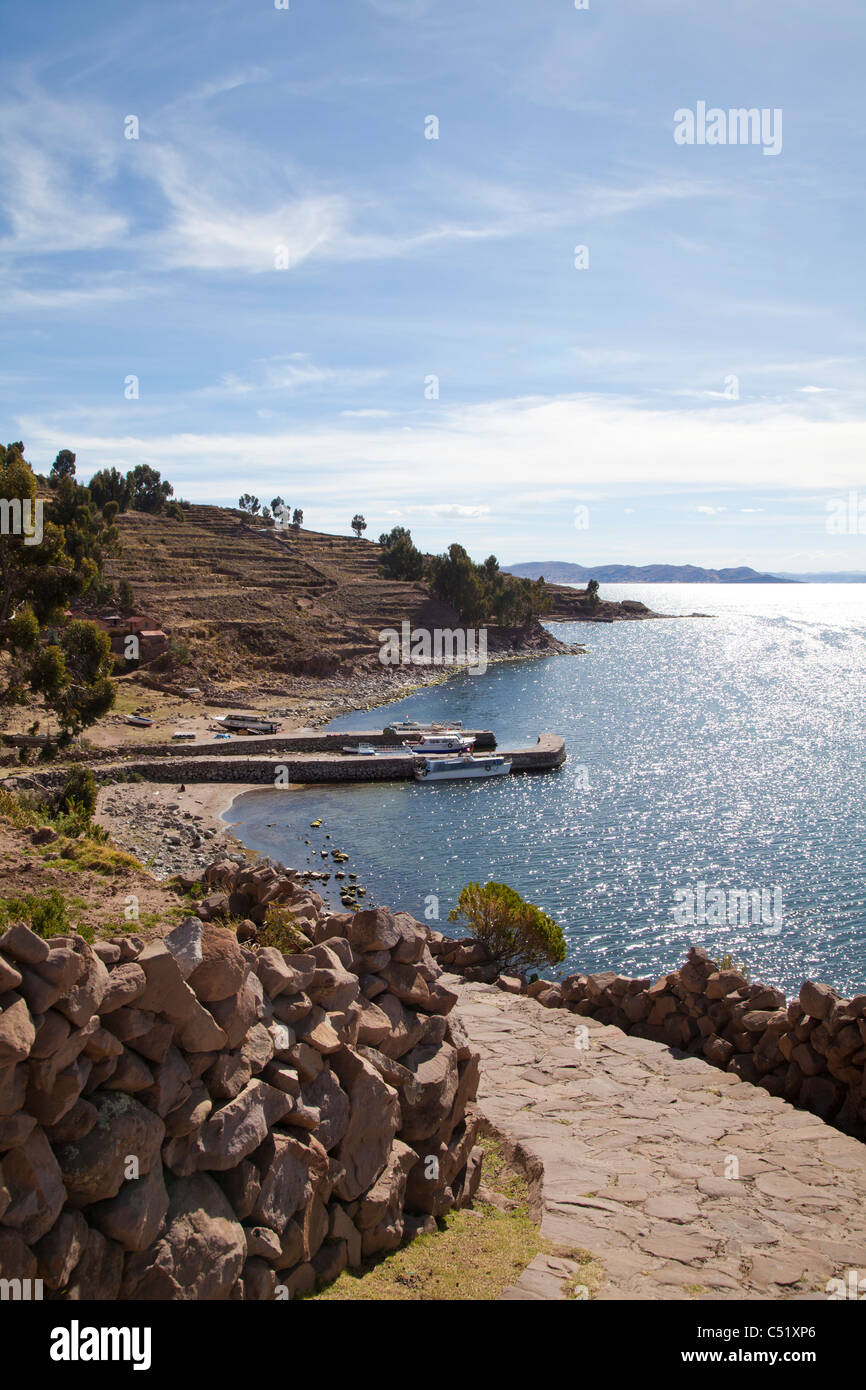 Jetty with boats at Isla Taquile, Lake Titicaca, Peru Stock Photo