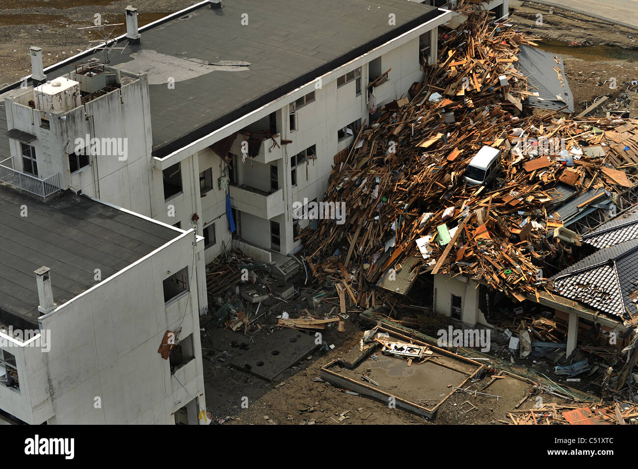 Aerial view of the devastated along the north eastern coast of Japan following a massive earthquake and tsunami March 25, 2011. Stock Photo