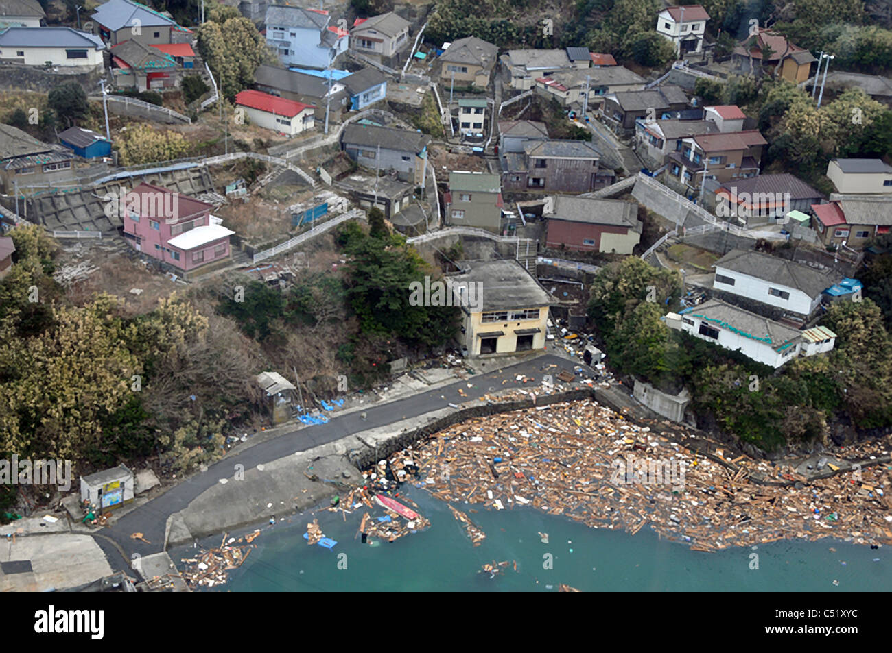Aerial view of the devastated along the north eastern coast of Japan following a massive earthquake and tsunami March 14, 2011. Stock Photo