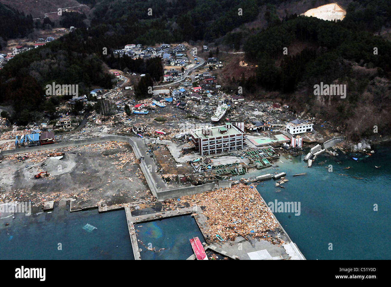 Aerial view of the devastated along the north eastern coast of Japan following a massive earthquake and tsunami. Stock Photo