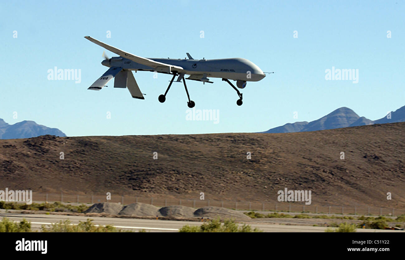 A MQ-1 Predator makes its final approach to Indian Springs Auxiliary Field, Nevada. Stock Photo