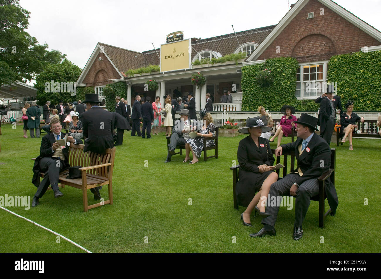 Race day for Royal Ascot when it was located at York during the refurbishment of the Ascot racecourse. York. Stock Photo