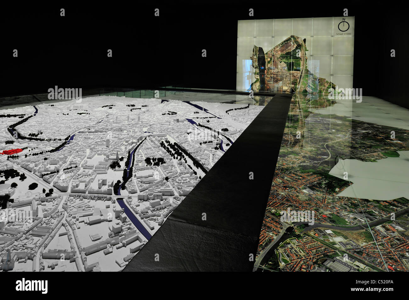 Scale-model and aerial photo of the town Ghent at STAM, the Ghent city museum, Belgium Stock Photo