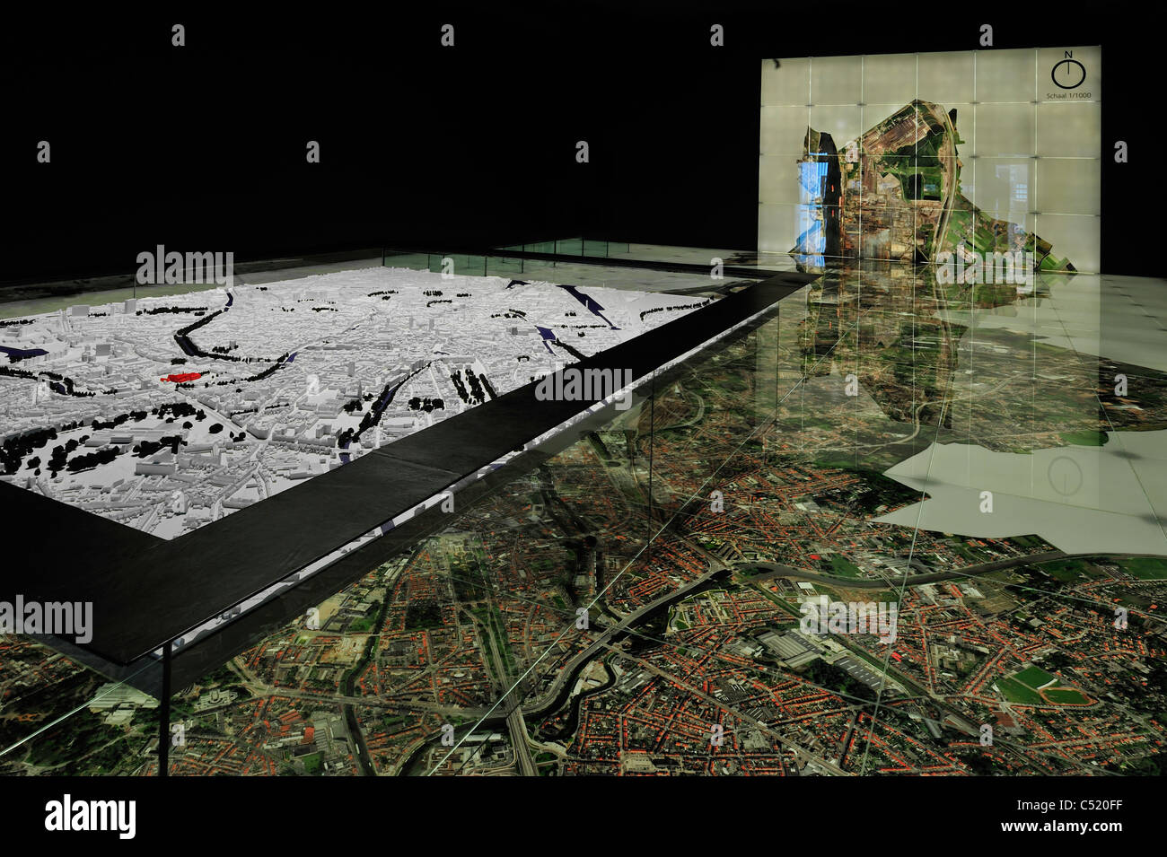 Scale-model and aerial photo of the town Ghent at STAM, the Ghent city museum, Belgium Stock Photo