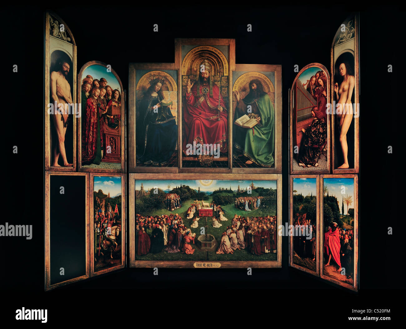 Replica of the Ghent Altarpiece / Adoration of the Mystic Lamb / Het Lam Gods painted by Jan van Eyck at STAM, Ghent city museum Stock Photo