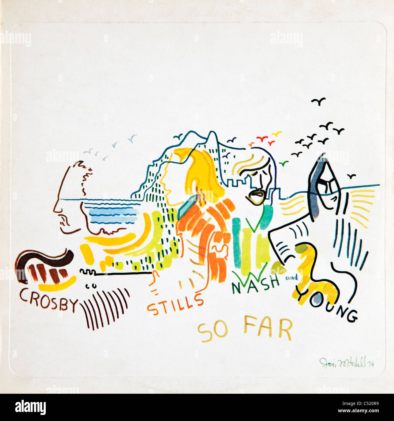 Cover of vinyl album So Far by Crosby Stills Nash and Young released 1974 on Atlantic Records cover by Joni Mitchell Stock Photo