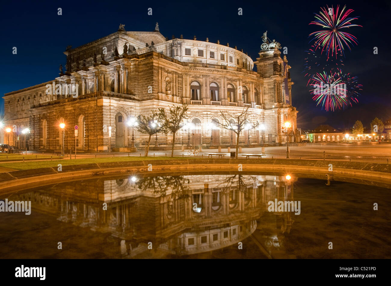 Semperoper opera house at night with fireworks, Dresden, Saxony, Germany, Europe Stock Photo